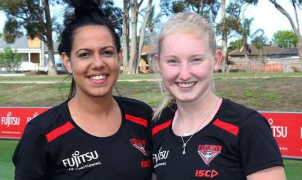 long hird.jpg Michaela Long and Stephanie Hird at Essendon VFLW training. Picture: Essendon Facebook page - AFL,VFL,Essendon Bombers,James Hird